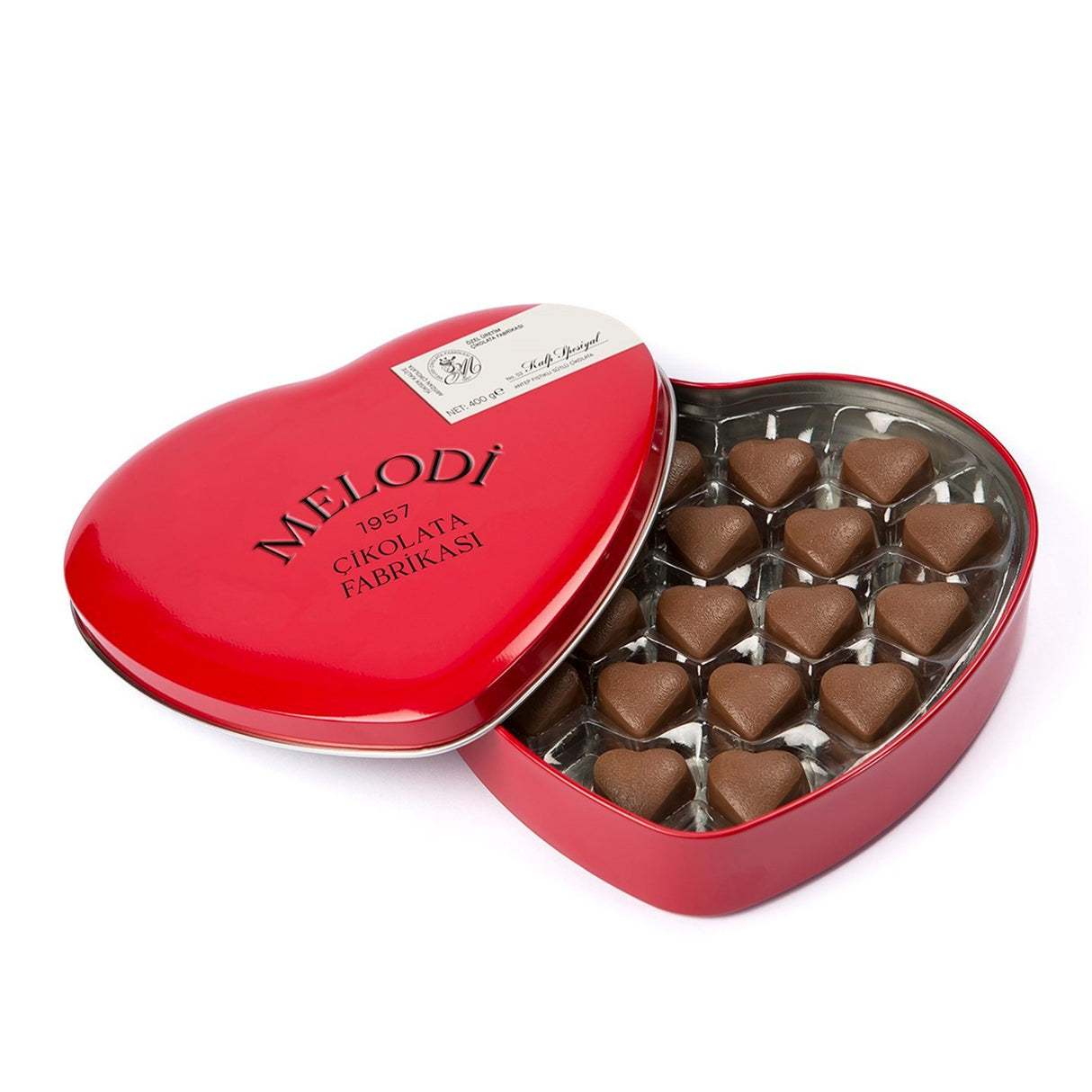 Melodi - Premium Milk Chocolate in a Heart-Shaped Red Metal Box - 400 Grams