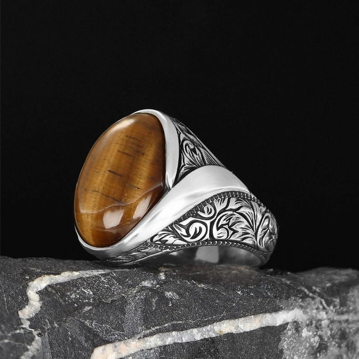 Tesbihevim | Men's Silver Ring with Tiger's Eye Stone