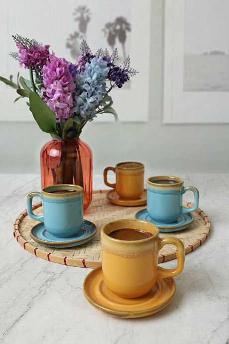 Keramika Premium Shizen Turkish Coffee Set - Yellow & Turquoise - 8 Piece Set - TryAladdin