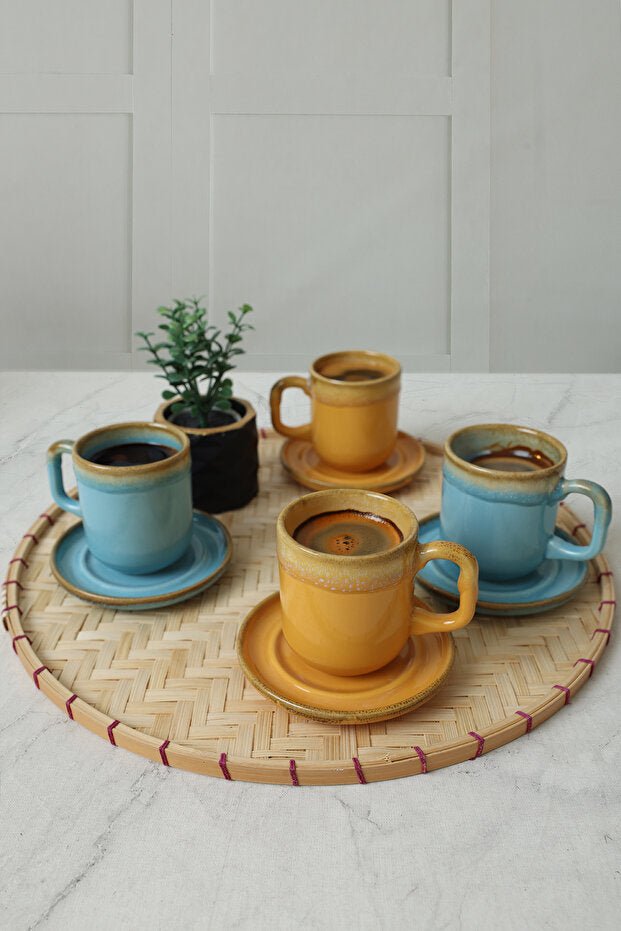 Keramika Premium Shizen Turkish Coffee Set - Yellow & Turquoise - 8 Piece Set - TryAladdin