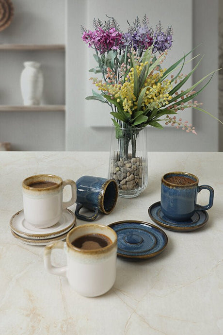 Keramika Shizen Premium Blue Cream Formart Coffee Set - 8 - Piece 4 - Person - TryAladdin