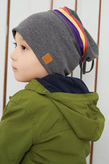 Kids 1 - 3Y Beanie & Neck Warmer Set - Grey with colorful Stripes - TryAladdin