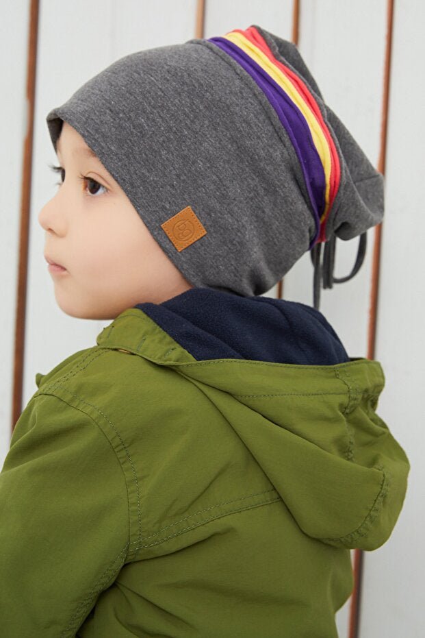 Kids 1 - 3Y Beanie & Neck Warmer Set - Grey with colorful Stripes - TryAladdin