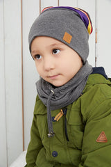 Kids 1 - 3Y Beanie & Neck Warmer Set - Grey with colorful Stripes - TryAladdin