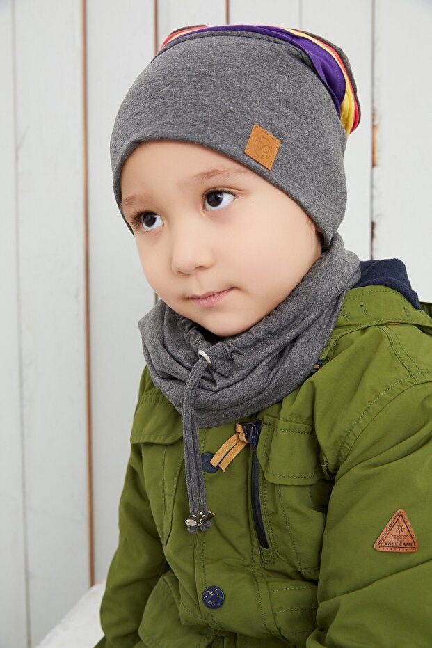 Kids 1 - 3Y Beanie & Neck Warmer Set - Grey with colorful Stripes - TryAladdin