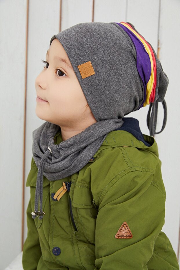 Kids 1 - 3Y Beanie & Neck Warmer Set - Grey with colorful Stripes - TryAladdin