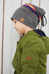 Kids 1 - 3Y Beanie & Neck Warmer Set - Grey with colorful Stripes - TryAladdin