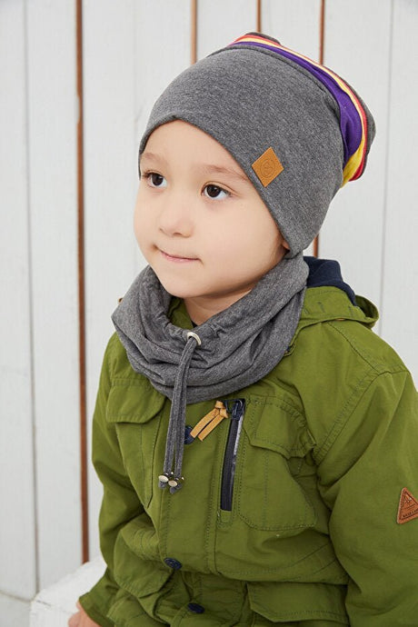 Kids 1 - 3Y Beanie & Neck Warmer Set - Grey with Colorful Stripes - TryAladdin