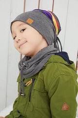 Kids 1 - 3Y Beanie & Neck Warmer Set - Grey with colorful Stripes - TryAladdin