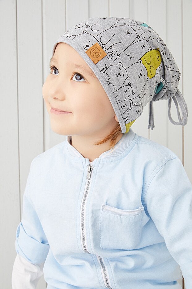 Kids' 100% Cotton Bear Print Beanie & Neck Warmer Set - TryAladdin