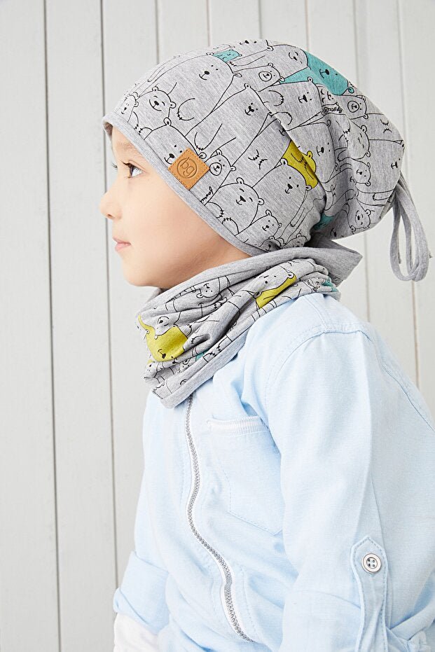 Kids' 100% Cotton Bear Print Beanie & Neck Warmer Set - TryAladdin