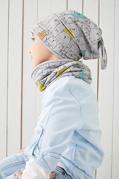 Kids' 100% Cotton Bear Print Beanie & Neck Warmer Set - TryAladdin
