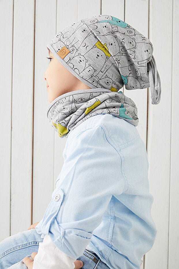 Kids' 100% Cotton Bear Print Beanie & Neck Warmer Set - TryAladdin