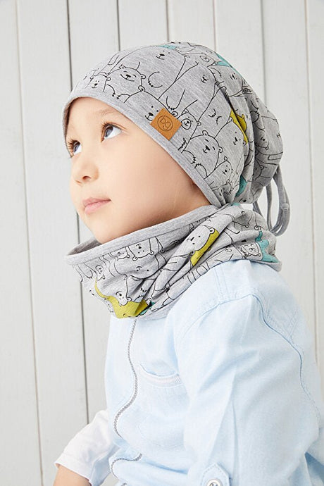 Kids' 100% Cotton Bear Print Beanie & Neck Warmer Set - TryAladdin