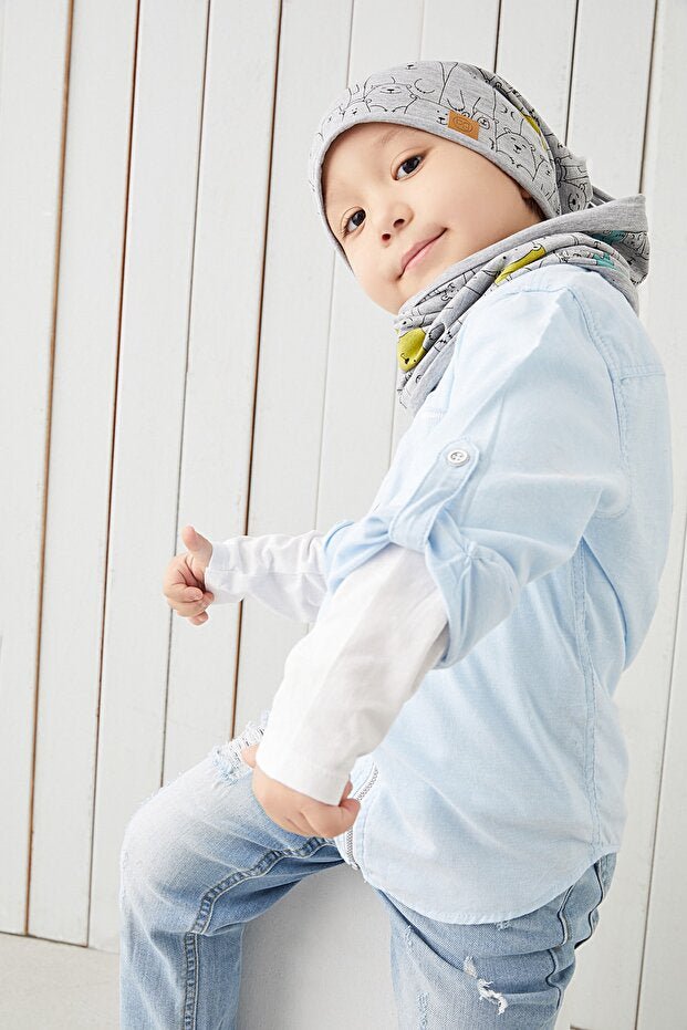 Kids' 100% Cotton Bear Print Beanie & Neck Warmer Set - TryAladdin