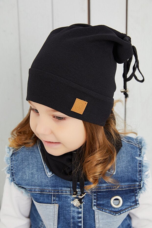 Kids Black Ribbed cotton Hat & Neck Warmer Set - Soft & comfy - TryAladdin