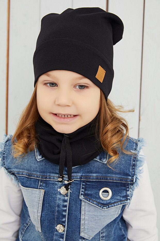 Kids' Black Ribbed Cotton Hat & Neck Warmer Set - Soft & Comfy - TryAladdin