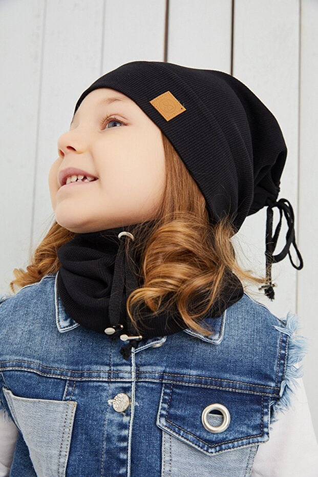 Kids Black Ribbed cotton Hat & Neck Warmer Set - Soft & comfy - TryAladdin
