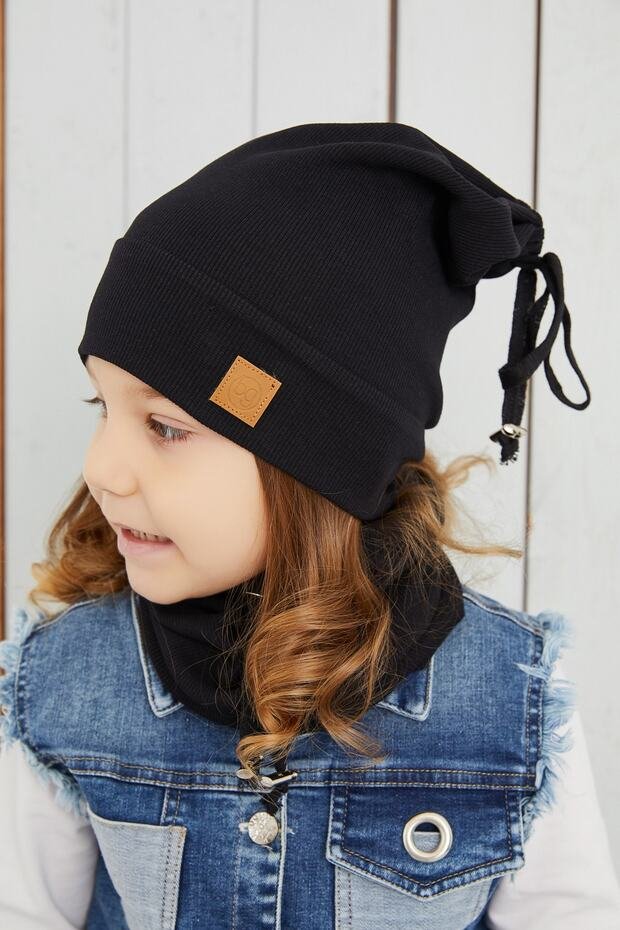Kids Black Ribbed cotton Hat & Neck Warmer Set - Soft & comfy - TryAladdin