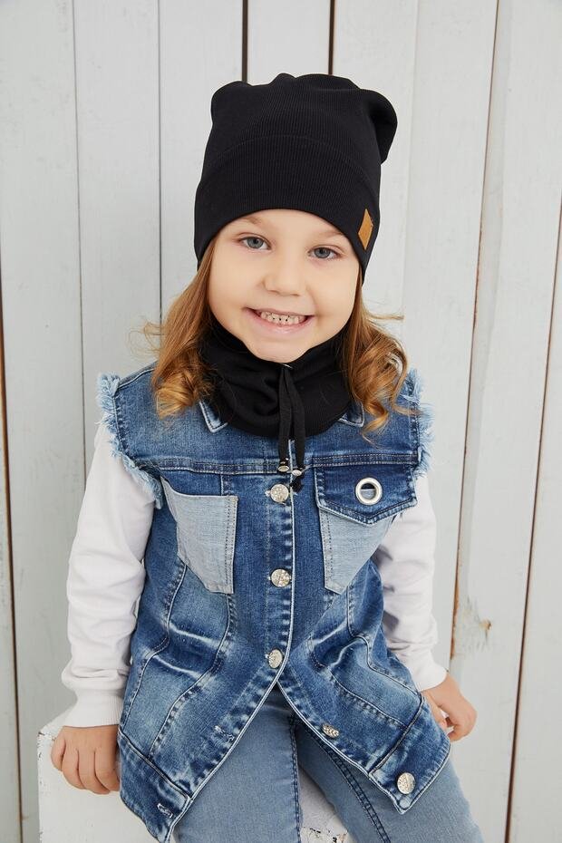 Kids' Black Ribbed Cotton Hat & Neck Warmer Set - Soft & Comfy - TryAladdin