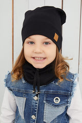 Kids' Black Ribbed Cotton Hat & Neck Warmer Set - Soft & Comfy - TryAladdin