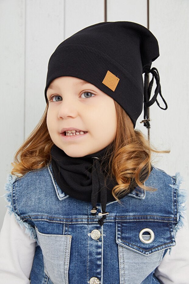 Kids' Black Ribbed Cotton Hat & Neck Warmer Set - Soft & Comfy - TryAladdin
