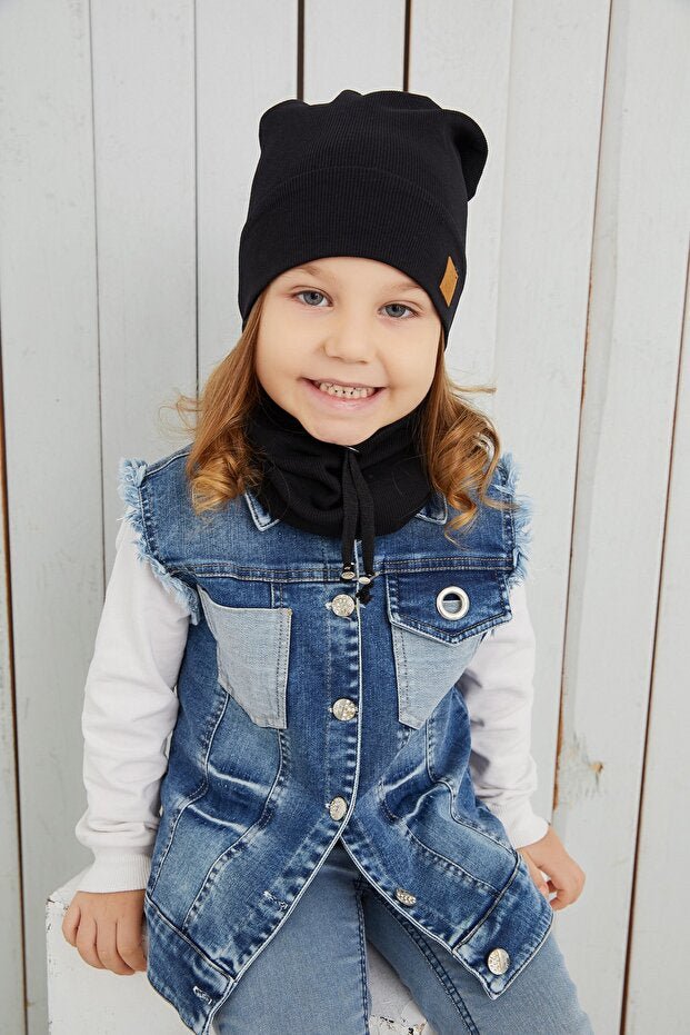 Kids Black Ribbed cotton Hat & Neck Warmer Set - Soft & comfy - TryAladdin