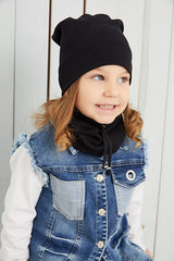 Kids' Black Ribbed Cotton Hat & Neck Warmer Set - Soft & Comfy - TryAladdin