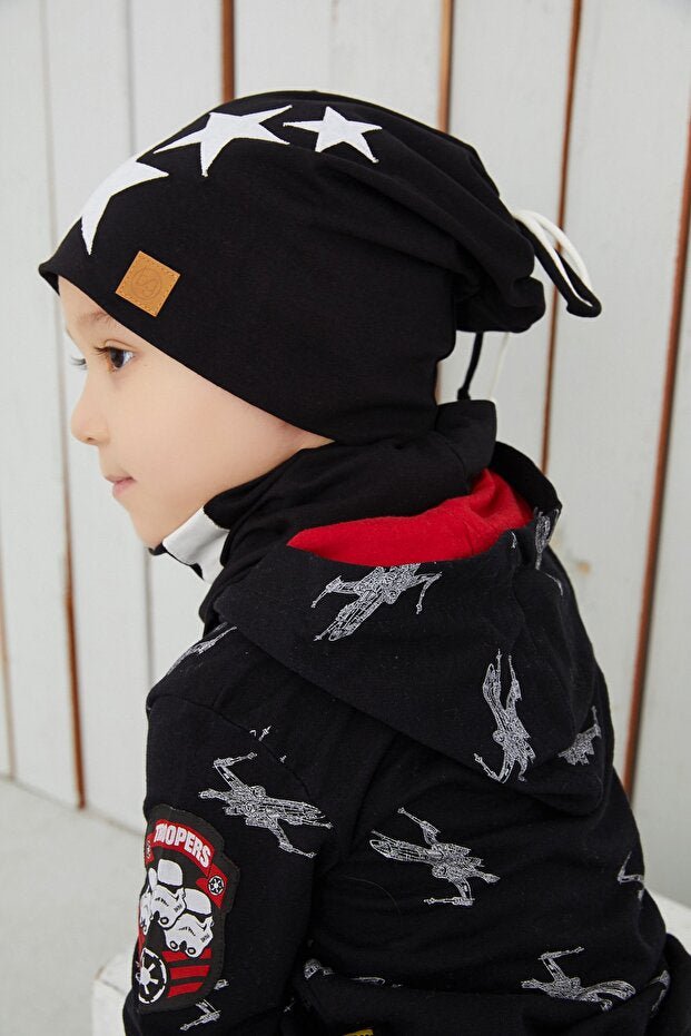 Kids Black & White Stars Beanie Hat - Soft cotton - TryAladdin