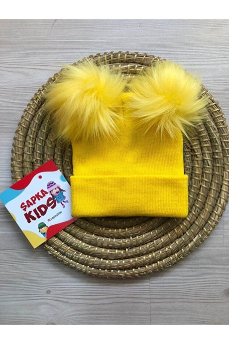 Kids Double Pom - Pom Beanie - Bright Yellow - TryAladdin