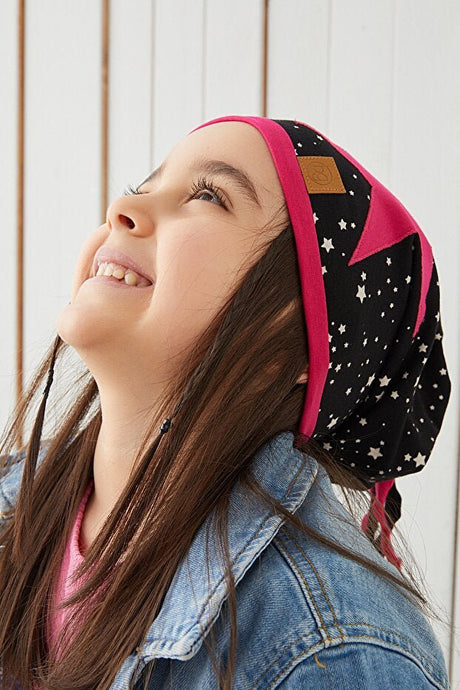 Kids Fuchsia & Black Star Print 100% cotton Beanie Hat - TryAladdin