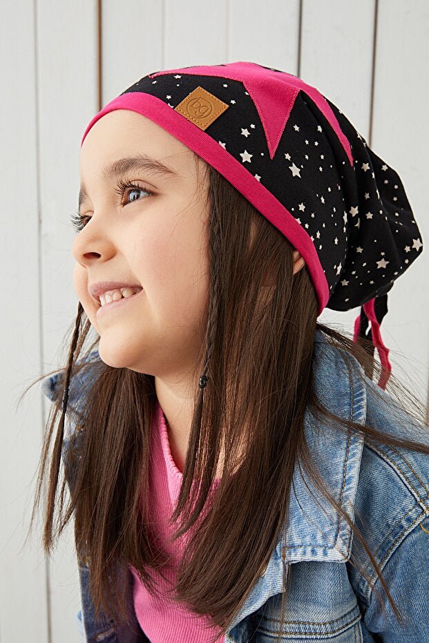 Kids Fuchsia & Black Star Print 100% cotton Beanie Hat - TryAladdin