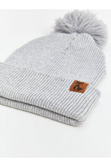 Kids Grey Ribbed Beanie Hat with Pom - pom - TryAladdin