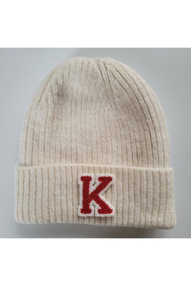 Kids 'K' Letter Ribbed Ecru Wool Blend Beanie - Soft & Warm - TryAladdin