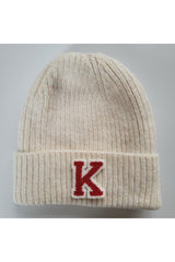 Kids' 'K' Letter Ribbed Ecru Wool Blend Beanie - Soft & Warm - TryAladdin