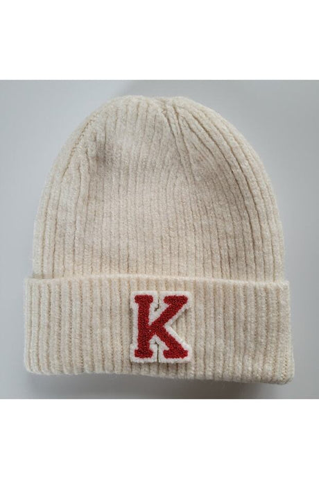 Kids' 'K' Letter Ribbed Ecru Wool Blend Beanie - Soft & Warm - TryAladdin