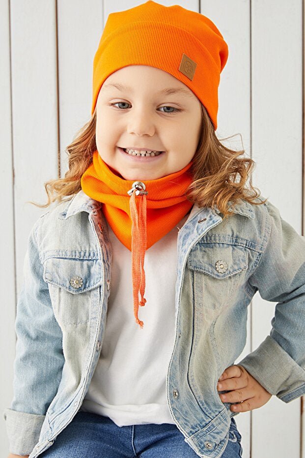 Kids' Orange 100% Cotton Beanie & Neck Warmer Set - TryAladdin