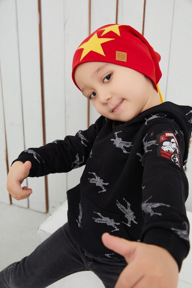 Kids Red & Yellow Star Beanie Hat - Soft Cotton - TryAladdin