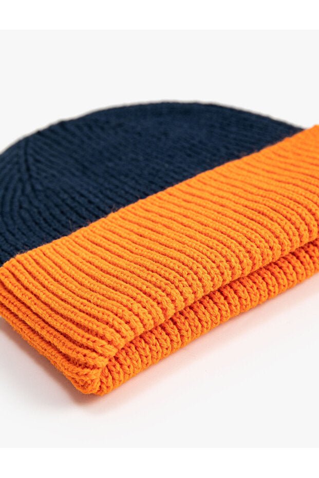 Kids Ribbed color Block Beanie - Navy & Orange - TryAladdin