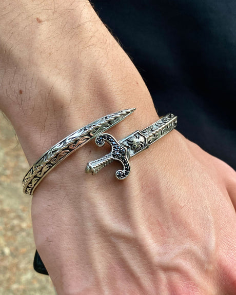 925 Sterling Silver Sword Bracelet - Black Stone Accent
