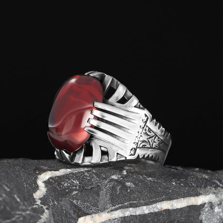 Tesbihevim | Men's Silver Ring with Red Agate Stone