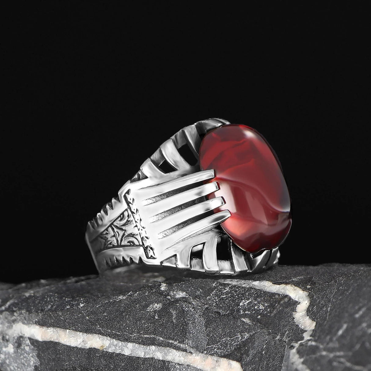 Tesbihevim | Men's Silver Ring with Red Agate Stone