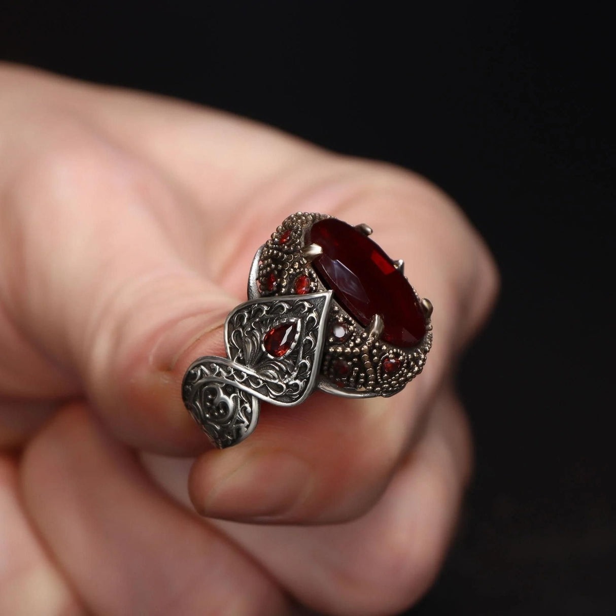 Tesbihevim | Men's Silver Ring with Red Zircon Stone