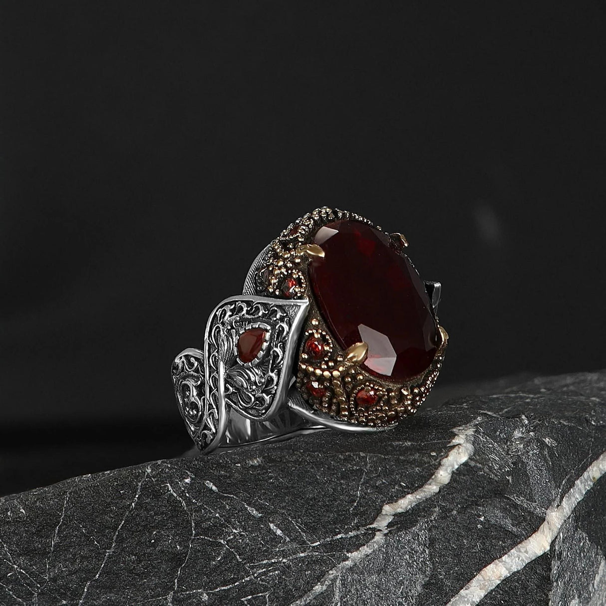 Tesbihevim | Men's Silver Ring with Red Zircon Stone