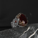 Tesbihevim | Men's Silver Ring with Red Zircon Stone