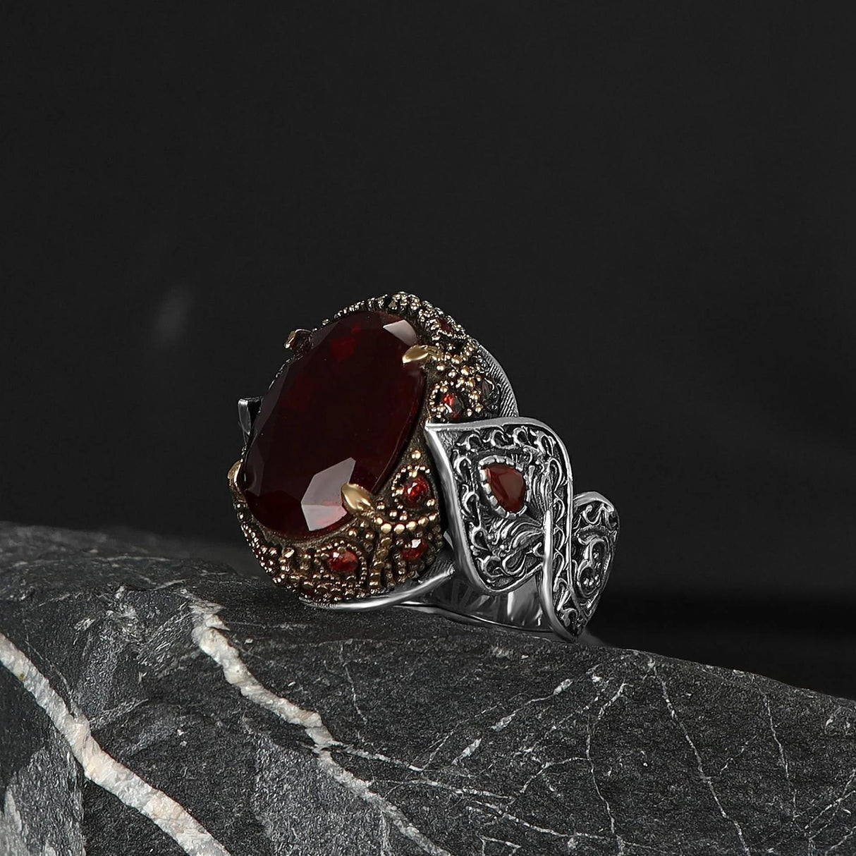 Tesbihevim | Men's Silver Ring with Red Zircon Stone