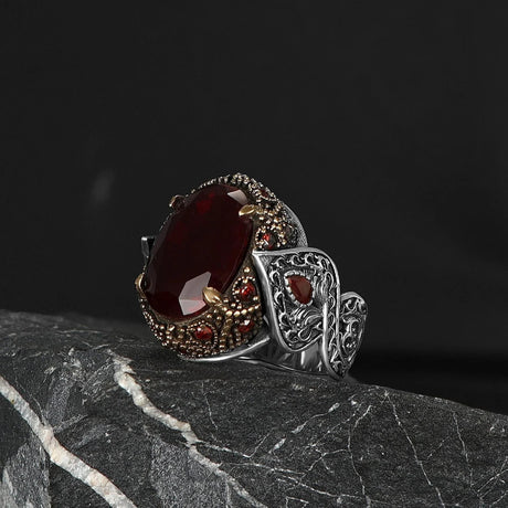 Tesbihevim | Men's Silver Ring with Red Zircon Stone