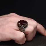 Tesbihevim | Men's Silver Ring with Red Zircon Stone