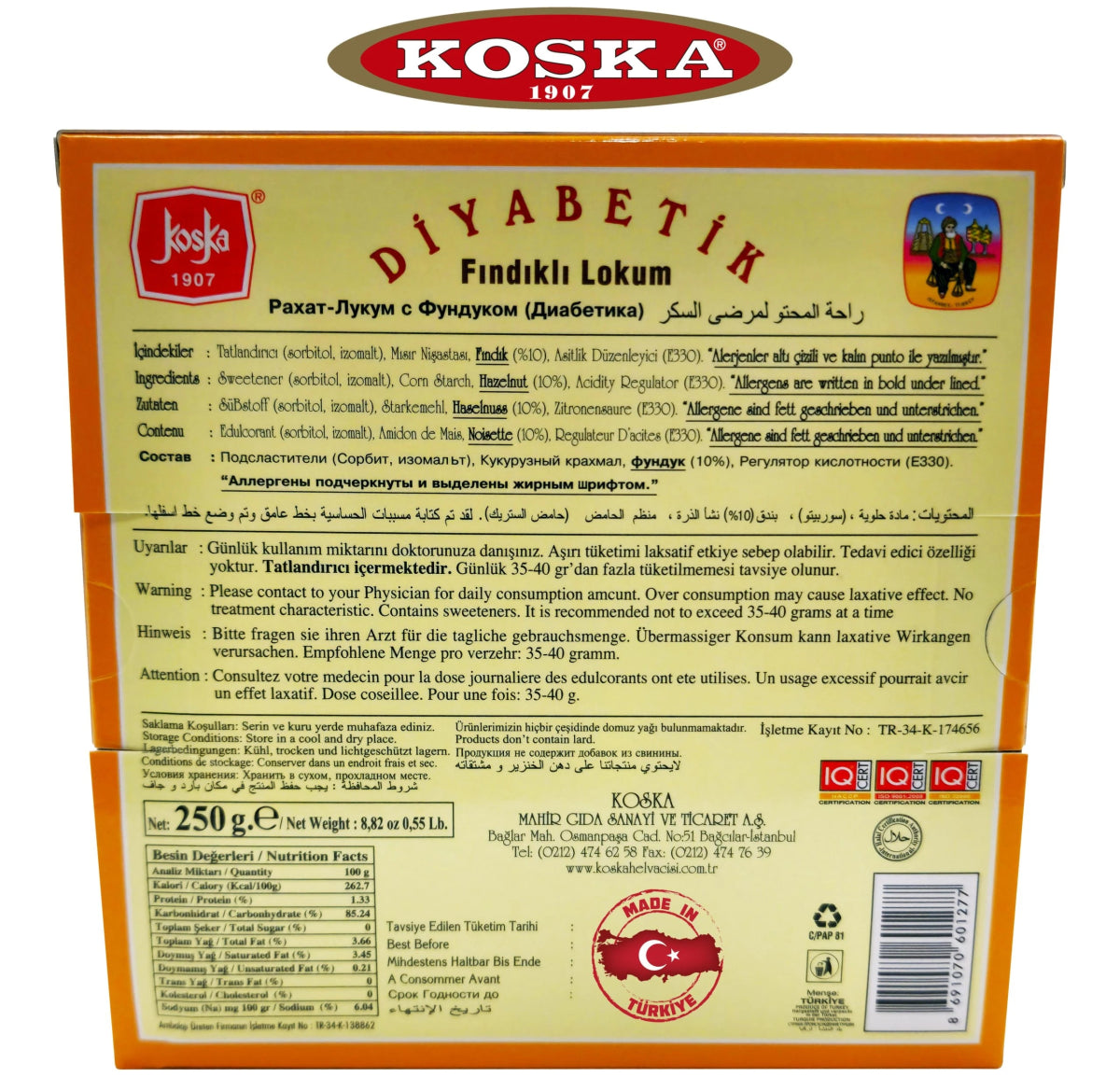 Koska | Sugar - Free, Diabetic Turkish Delight with Whole Hazelnuts