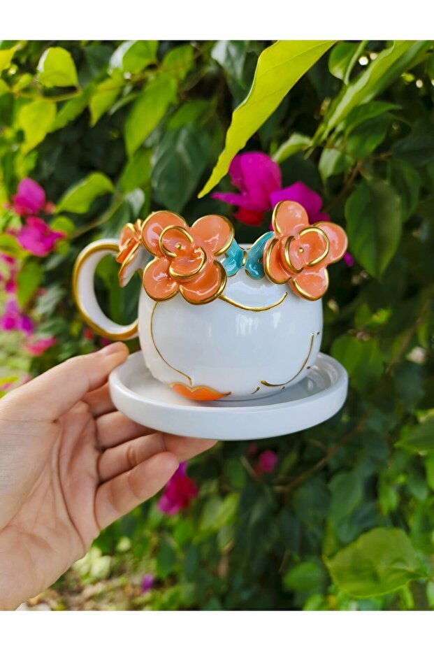 Kotyora Professional Handmade Ceramic Turkish Coffee Cup Set - Orange Kokos Girl Design - TryAladdin